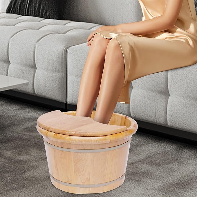 Wooden Foot Bath with Massage Roller Pedicure Tub for Home Use Foot Soak Bucket with Lid Manual/Hand-Powered Massage Therapy for Feet