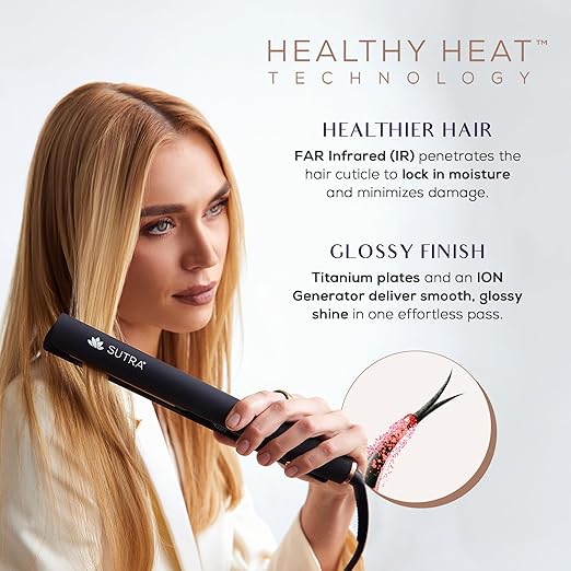 Sutra Professional IR2 Flat Iron - Ionic Infrared Hair Straightener with Adjustable Temperature Auto Shut-Off &amp Swivel Cord - Straight Iron for Straightening Hair - Rose Gold Titanium Plate