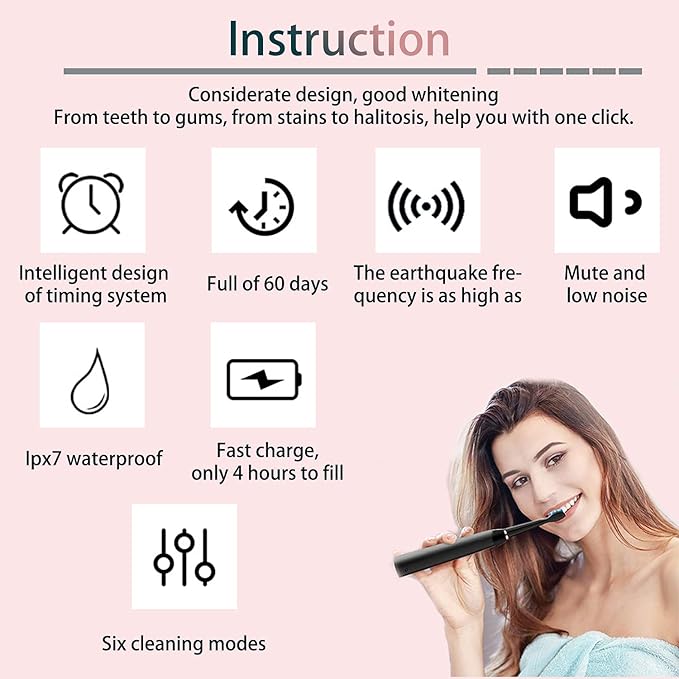 Sonic Electric Toothbrush Low Noise Designed Ideal for Adults Kids 6 Optional Modes IPX7 USB Fast Charging Electric Ultrasonic Toothbrush with 2 min Build in Timer &amp 4 Replacement Brush Heads (Bl