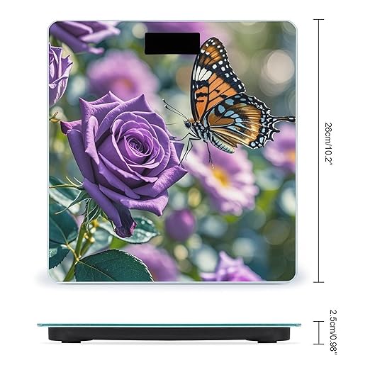 Purple Rose with Beautiful Butterfly Bathroom Scale for Body Weight Bathroom Weighing Scales with Back Lit LED Display Sturdy Tempered Glass Body Weight Bathroom Scale 400lb Weighing