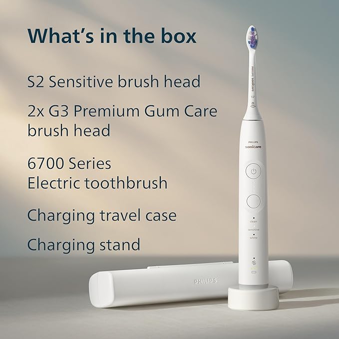 Philips Sonicare 6700 Series Electric Toothbrush - Next-Generation Sonicare Technology Pressure Sensor 9 Brushing Settings SmarTimer BrushPacer 21-Day Runtime Travel Case White HX7410/07