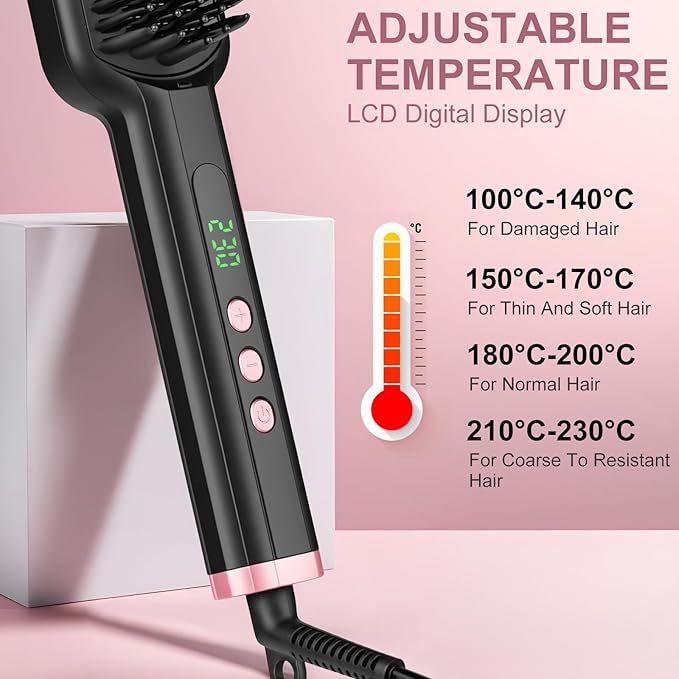 Hair Straightener Brush - SIQUER Ionic Hair Straightening Brush with 13 Temps LCD Display 45s Fast Heating 60mins Auto-Off Anti-Scald Ceramic Hair Straightener Comb for Home Salon Black