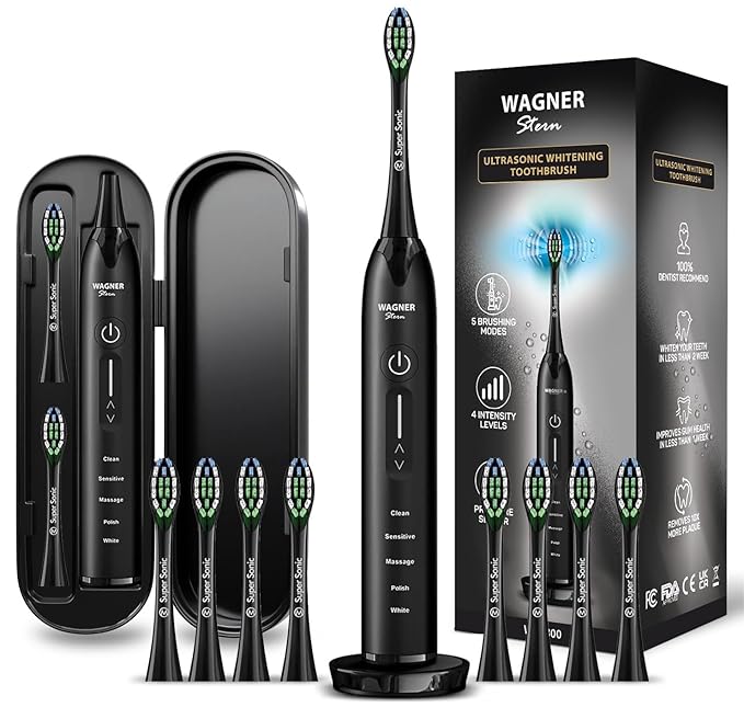 Wagner Stern Ultrasonic whitening Toothbrush with Pressure Sensor. 5 Brushing Modes and 4 Levels of Intensity 8 Soft bristles Travel case.