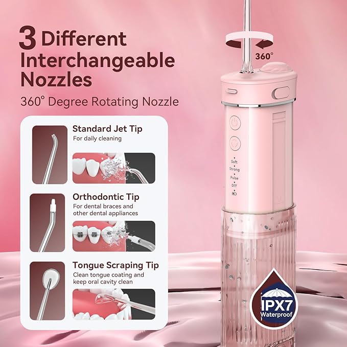 JTF Portable Water Flosser for Travel: Compact Mini Design 3 Modes &amp 8 DIY Pressure Levels for Sensitive Teeth &amp Braces - with 5 Nozzles &amp Removable 230ml Tank Cordless Oral Irrigator fo