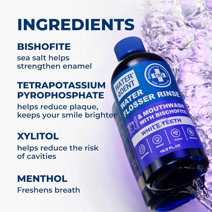 Concentrated Water flosser Rinse &amp mouthwash Teeth WHITENING | Add to Water Flossers| Fruit Flavor | 2 Pack = 33.8 fl.oz | Peroxide Free. Made in USA