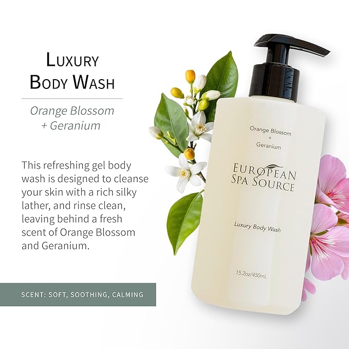 European Spa Source Luxury Body Wash Orange Blossom and Geranium Refreshing Bath and Shower Gel Cleanser 22 fl oz.