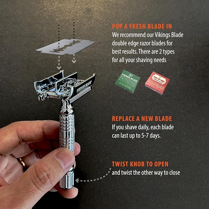 VIKINGS BLADE Double Edge Safety Razor for Men + 5 Swedish Steel Blades + Luxury Case. Smooth Reusable Eco-Friendly (The Chieftain)