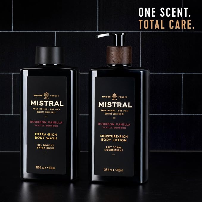 Mistral Men's Body Wash &amp Shampoo Bourbon Vanilla 13.5 oz | 2-in-1 Natural Shower Gel for Men | SLS Paraben &amp Phthalate Free | Natural Men’s Body Wash Moisturizing Bath Gel - Made in France