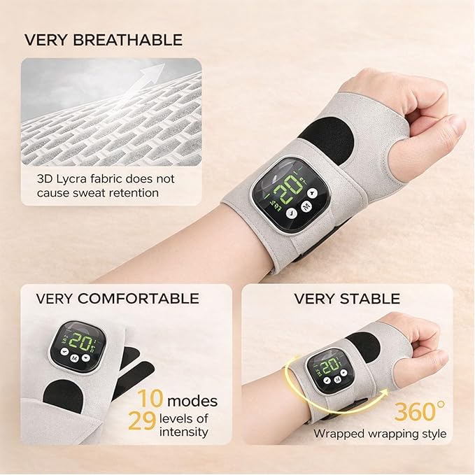 Rechargeable Electric Wrist Massager Portable Hand Heating Pad with 8 Modes &amp 30 Intensity Levels Wrist Massage Machine Wearable Hand Heating Pad for Daily &amp Sports (White) (Blue)