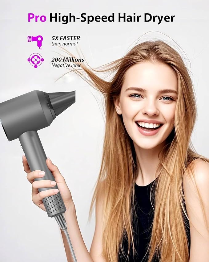 Hair Dryer 160000 RPM Professional High-Speed Blow Dryer 200 Millions Negative Ionic Care Hair Dryer for Fast Drying Low Noise Thermo-Control Hairdryer Travel with Magnetic Nozzle