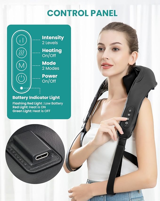 Nekteck Neck Massager Cordless 6D Shiatsu Neck and Back Massager Neck Massager for Pain Relief Deep Tissue Ideal Gift for Men and Women Ideal for Home Office and Car with Heat Black