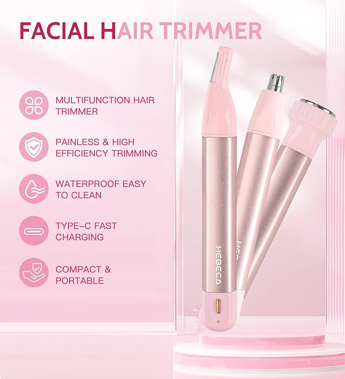 Nose Hair Trimmer for Women 3in1 Facial Hair Removal Trimmers- Rechargeable Waterproof Portable with Travel Bag- Trims Nose Ear Eyebrow Peach-Fuzz Lips Chin Face Hair Remover (Pink)