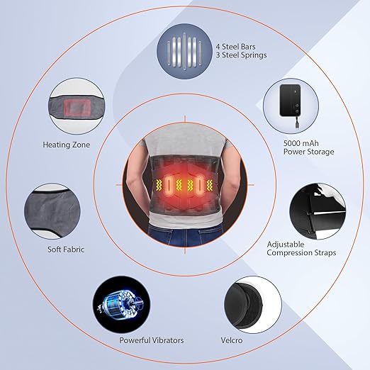 HONGJING Heated Back Massager Brace for Lower Back Pain Relief Cordless Back Vibration Massage Belt with 3 Heating Modes and 4 Massage Modes for Sciatica and Scoliosis-L