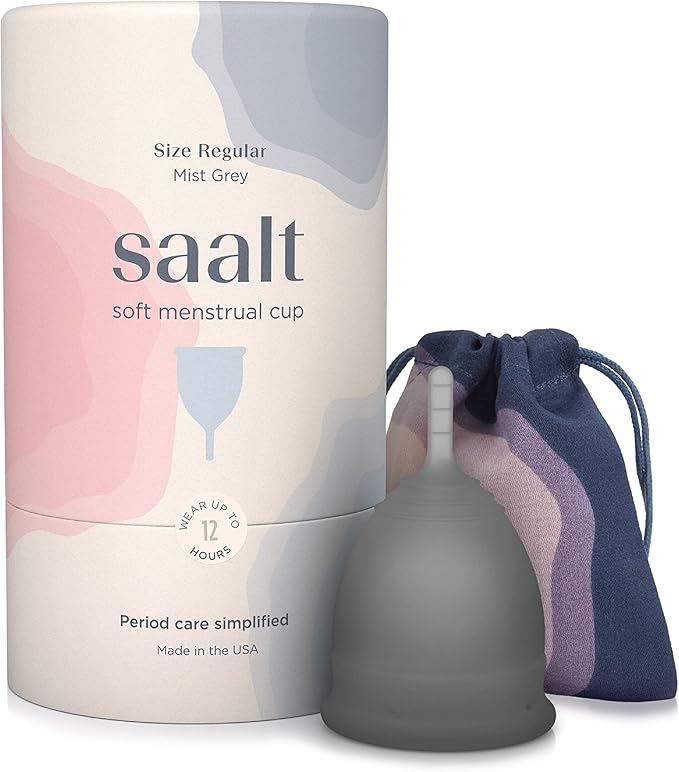 Saalt Soft Menstrual Cup – Reusable Period Cup – Made for Comfortable Leak-Free Protection Up to 12 Hours – BPA &amp Latex Free – Includes Cup &amp Carry Bag (Regular Grey)