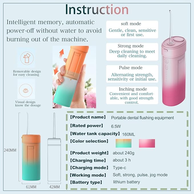 Mini Portable Water Flosser Water Teeth Cleaner Pick with Telescopic Water Tank 3 Modes &amp IPX7 Waterproof Home &amp Travel Oral Irrigator for Teeth. (Pink)