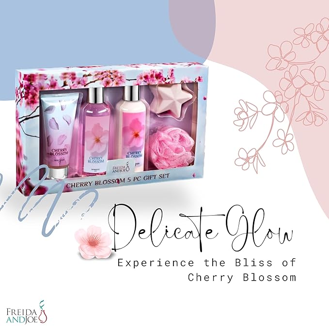 Fragrance Bath &amp Body Collection Gift Box Includes Shower Gel Body Lotion Body Scrub Bath Bomb &amp Sponge (Blue Cherry Blossom) – Mother's Day Gift for Mom