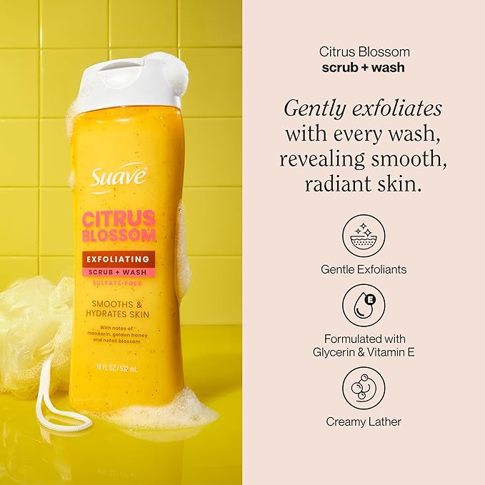 Suave Citrus Blossom Exfoliating Body Wash &amp Scrub with Glycerin &amp Vitamin E Sulfate-Free Hydrating Cleanser for Soft Smooth Skin 6 Count 18 FL OZ