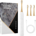 Electric Toothbrush with 4 Bamboo Heads Bamboo Electric Toothbrush for Adults Soft Castor Oil Bristles 5 Modes Smart Timer Sonic Technology IPX7 Waterproof 60-Day Battery Life-White