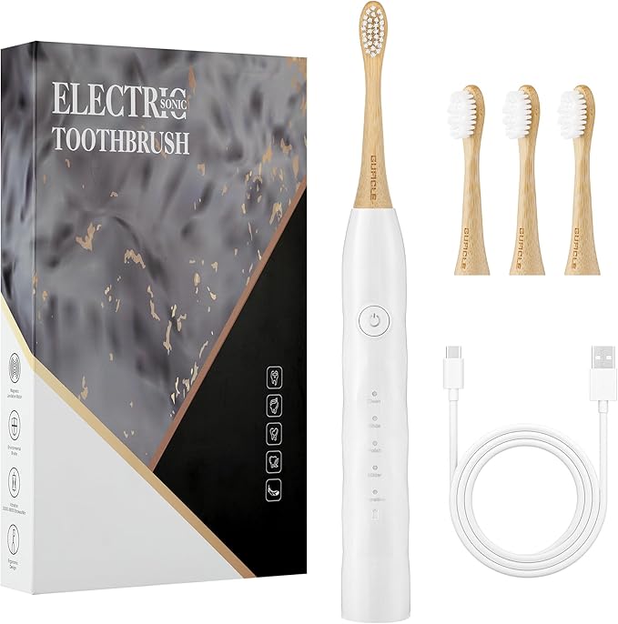 Electric Toothbrush with 4 Bamboo Heads Bamboo Electric Toothbrush for Adults Soft Castor Oil Bristles 5 Modes Smart Timer Sonic Technology IPX7 Waterproof 60-Day Battery Life-White