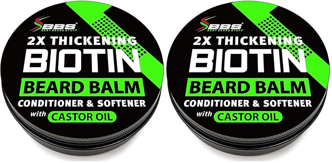 Biotin Beard Balm for Men - 2X Thickening for Beard and Mustache - Organic Mustache Wax with Castor Oil &amp Meadowfoam – Hydrating Facial Hair Growth Balm &amp Leave-In Conditioner (Pack of 2)