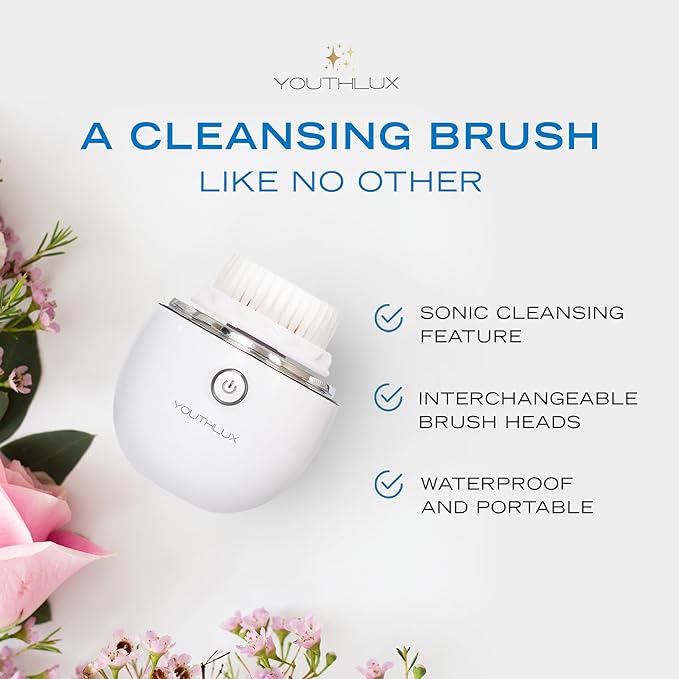 YouthLab Pure Radiance Vibrating Facial Cleansing Brush Electric 3 Modes 3 Brush Heads (2 Bristle1 Silicone) Waterproof Rechargeable Smart Timer Exfoliating Massage (Silver)