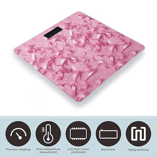 Pink Ribbon Pattern Scale for Body Weight Anti-Slip Digital Bathroom Scale Sturdy Toughened Glass Weighing Scales High Precision Safe Rounded Corners Smart Scales
