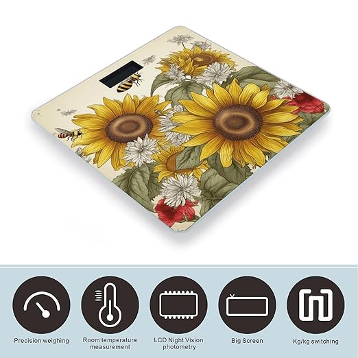 Bees Sunflowers Daisy Rose Flowers Bathroom Scale for Body Weight LCD Display Digital Bathroom Scale Tempered Glass Bathroom Weight Scales Fashion Smart Scales for Home Bedroom 400 Lb
