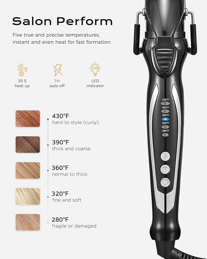 1.25'' Double Ceramic Long Barrel Curling Iron - 8'' Extended Wand | 5 Heat Settings | Dual Voltage | Auto Shut-Off | Anti-Slip Styling for Long Hair (Bag Mat Glove)