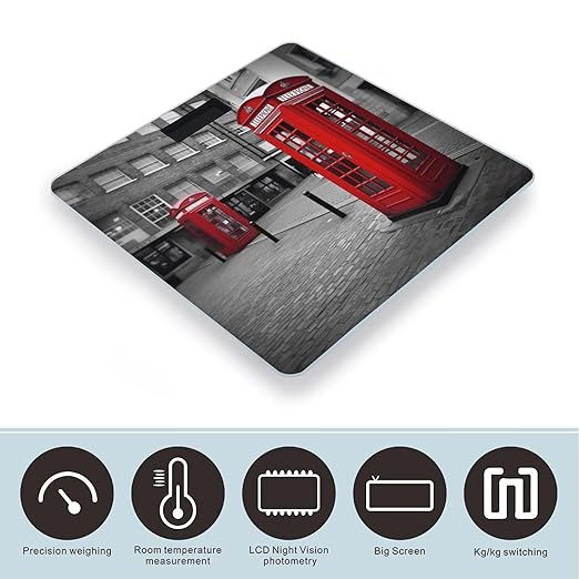 London Red Telephone Booth Bathroom Scale Large LCD Backlight Display Digital Scale Rounded Corners Body Scales Automatic Power On/Off Bathroom Scales for Home Bedrooms
