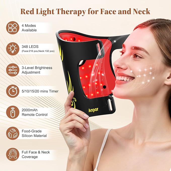 Red Light Therapy for Face and Neck Chest Red Light Therapy Mask 850nm Infrared Light Rechargeable 2000mAh Red Light Mask with 348 LED Beads 4 Modes Timer for Anti-Aging Wrinkles Repair (Black)
