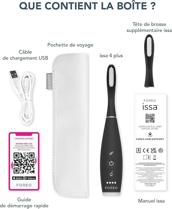 FOREO ISSA 4 Plus Sonic Electric Toothbrush - 4-in-1 AI-Guided Rechargeable Toothbrush Bundle with Extra Silicone &amp Polymer Hybrid Brush Head Soft Bristles Whitening Teeth - Black