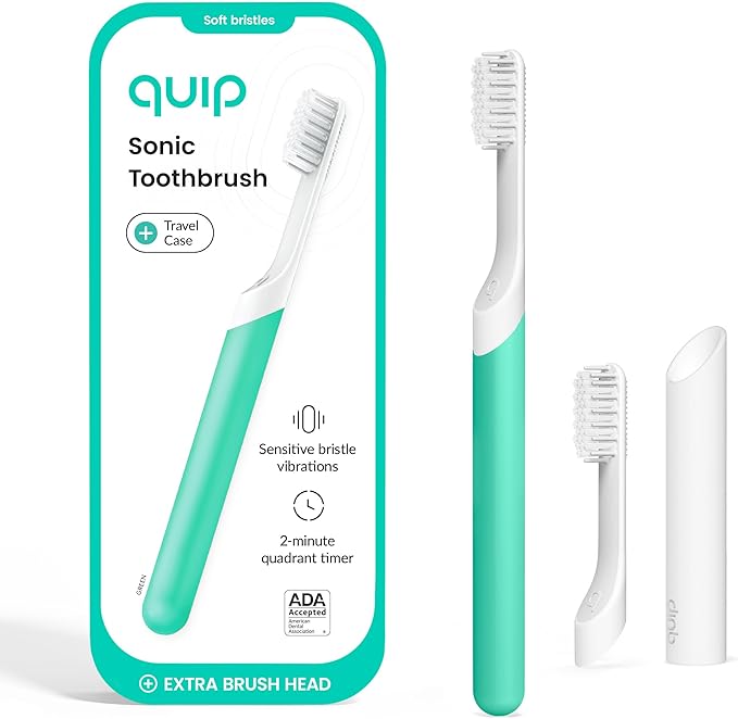 Quip Sonic Electric Toothbrush for Adults - Time Travel &amp Soft Bristles with Travel Case &amp Replacement Brush Head - 3 Month Battery Life Plastic Handle - Green