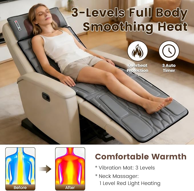 Flannel Full Body Massage Mat Heat Massage Pad with Detachable Shiatsu Neck Massager Multifunctional Massage Chair Pad with Carry Bag Earplugs Anti-Slip Bottom for Office Home