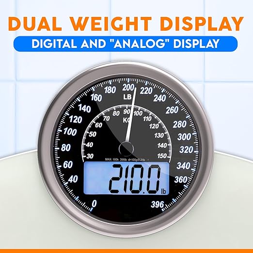 ZENO Hybrid 2-in-1 Analog &amp Digital Weighing Scale for Body Weight up to 400lbs - Thick Tempered Glass - Extra Large Display - Easy to Read Digital Bathroom Scale - New - Frost White