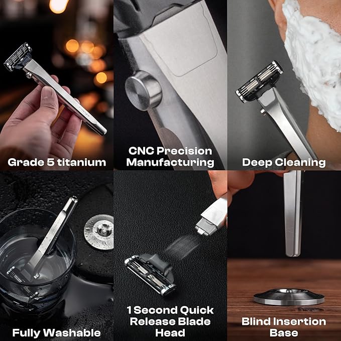 Titanium 3-Layer Razor Handle with Quick Release Button Compatible with Mach3 Blades Rustproof &amp Lightweight Includes Round Stand (Grey)