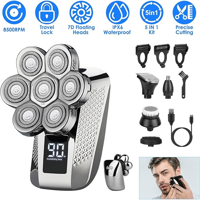 KOCASO 7D Head Shavers for Bald Men5-in-1 Electric Razor for Men - IPX6 Waterproof Electric Razor Wet/Dry Mens Grooming KitUSB Rechargeable with LED Display and Travel Lock