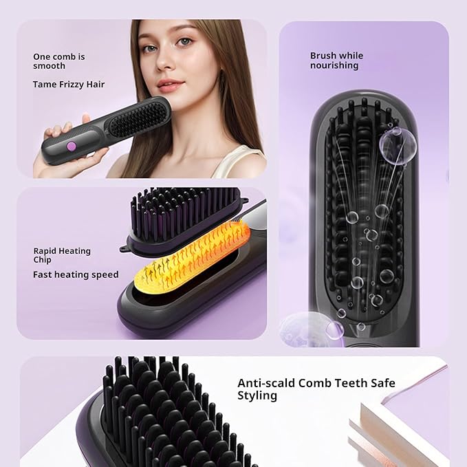 Hair Straightener Brush Portable Cordless Hair Straightener Brush with 4 Temperature Settings &amp LED Display (03)