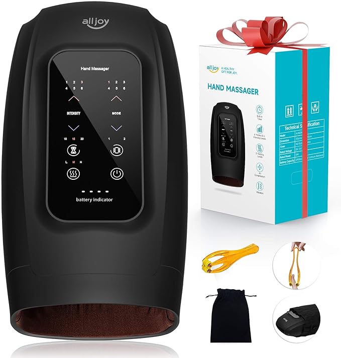 ALLJOY Hand Massager for Arthritis and Carpal Tunnel Relief Touchscreen Cordless Hand Massager with Vibration and Heat 6 Levels Pressure Point Therapy Gifts for Women/Men