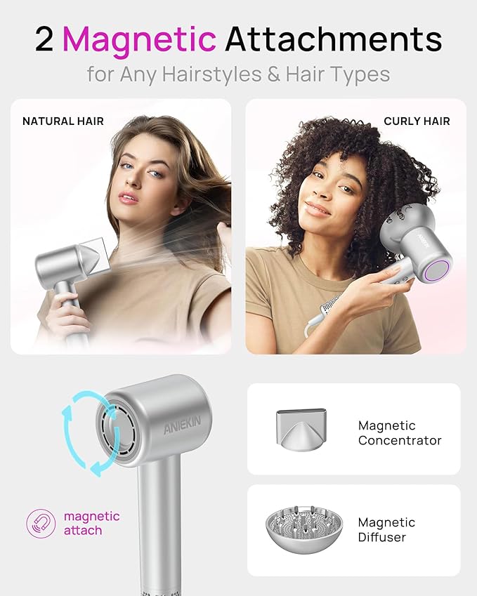 Hair Dryer High-Speed Ionic Low Noise Blow Dryer with Brushless Motor for Fast Drying Thermo-Control Quiet Compact Hair Blow Dryer with Magnetic Diffuser for Curly Hair for Home Travel Salon