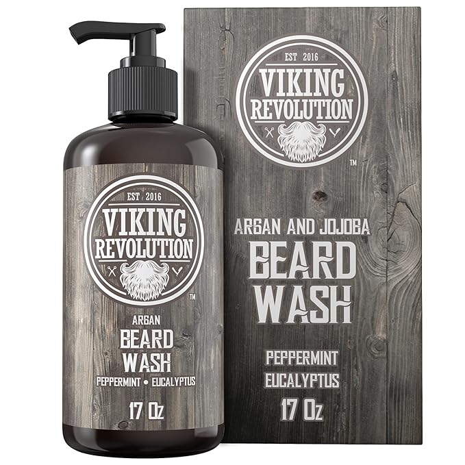 Beard Wash Shampoo w/Argan &amp Jojoba Oils - Softens &amp Strengthens - Natural Peppermint and Eucalyptus Scent - Beard Shampoo w/Beard Oil (17 oz Shampoo)