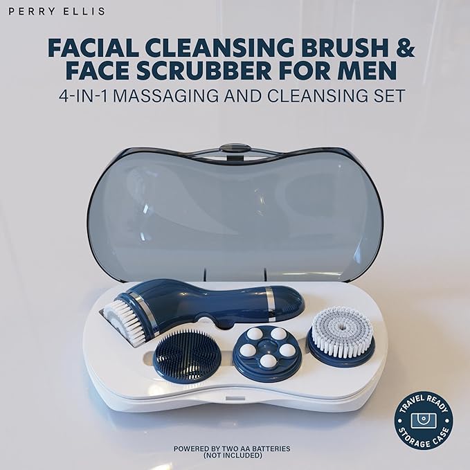 Perry Ellis 4-in-1 Cordless Massage and Cleansing Set with 4 Brush Heads Exfoliating Face Scrubber with Massager Rotating Scrub Brush Facial Skincare Products Carrying Case for Travel Included