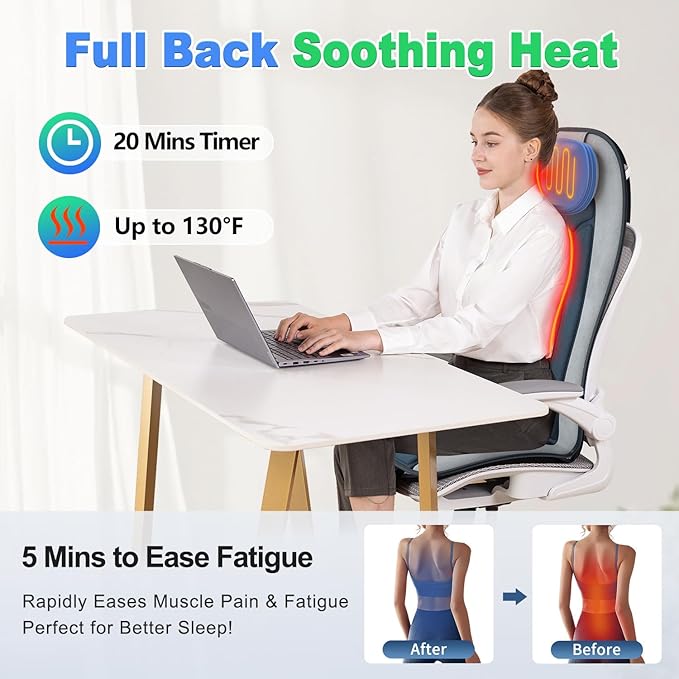 Vibration Back Massager with Heat for Chair Massage Pad with Neck Support Short Plush Cover Seat Cushion for Seniors Office Workers &amp FamilyFatigue &amp Pain Relief in OfficeHome &amp Trav