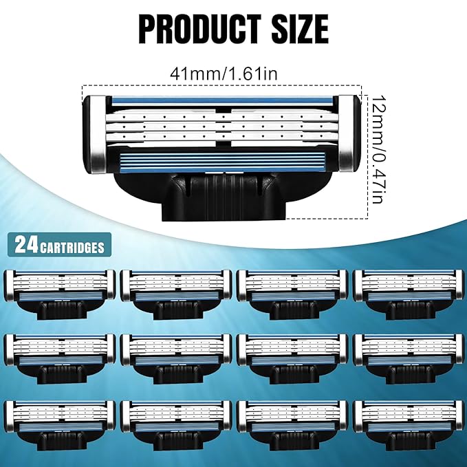 Razor Refills for Men 24 Count Compatible With Mach3 Razor Blade Refills Dual Lubrication Blades for Extra Close &amp Comfortable Shave Value Pack
