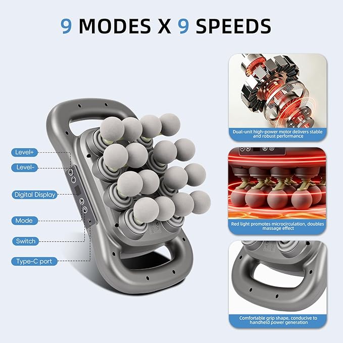 16-Head Full Body Massage Gun Precision Deep Tissue Percussion Massager Electric Handheld Device for Back Shoulder Neck Pain Relief 9 Modes 9 Intensity Levels 1800mAh Battery Dark Grey