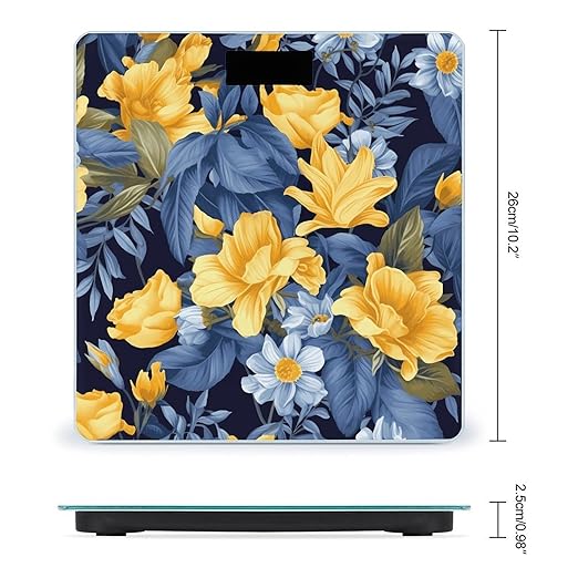 Blue Base Yellow Floral Scale for Body Weight Safe Rounded Corners Tempered Glass Digital Bathroom Scale LED Display 400lb Capacity Weight Scales with High Precision Sensors