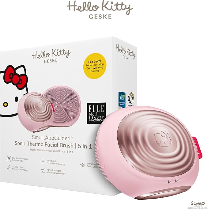 GESKE x Hello Kitty SmartAppGuided Sonic Thermo Facial Brush | 5 in 1 | Skin Cleansing | Cleansing Brush with Thermal Function | Electric Facial Massager