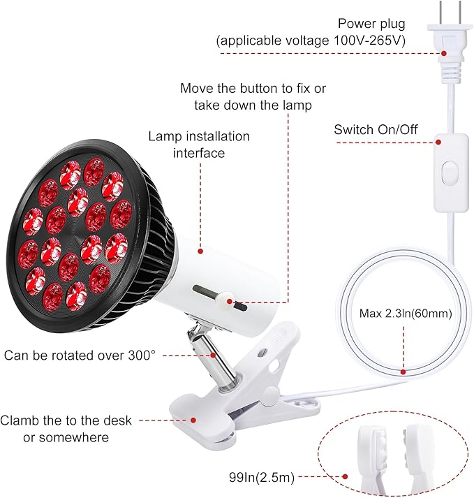 Red Light Therapy Bulb with Adjustable Socket Clamp 18 LEDs red Therapy Light with Lamp Holder for Body and Face with 660nm Red and 850nm Infrared Light Therapy Device for Skin Care Pain Relief