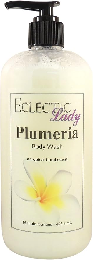 Eclectic Lady Liquid Pearl Body Wash - Plumeria Scent 3-in-1 Use For Bubble Bath Hand Soap &amp Body Wash Phthalate-Free Plumeria Fragrance Handcrafted in USA (16 oz)