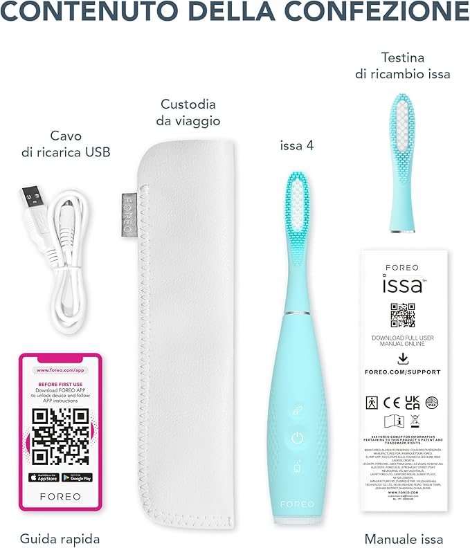 FOREO ISSA 4 Electric Toothbrush – 4-in-1 Rechargeable with Extra Brush Head Soft Bristles Long-Lasting Use Gentle Cleaning - Artic Blue