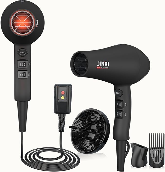 JINRI Hair Dryer 1875W 3 Heat &amp 2 Speed with Diffuser with Concentrator Ionic Technology &amp Infrared - Black Detachable Air Intake Hanging Strap Non-Foldable 125V JINRI-104